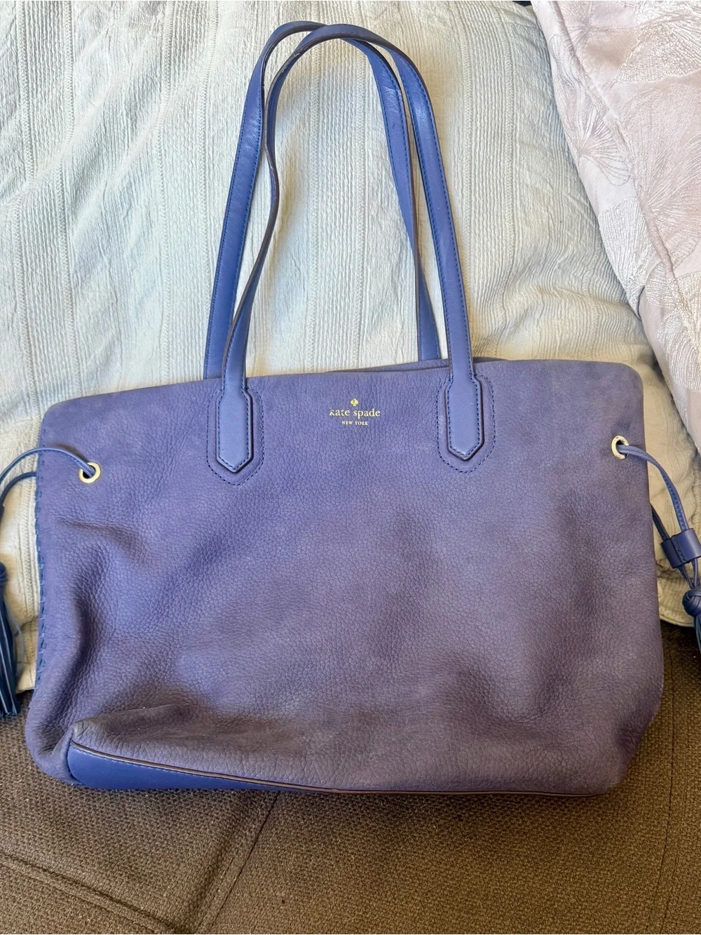NWOT KATE SPADE BLUE LG TOTE Brandice Pratt Street Tassels ZIP BAG  Blue Leather